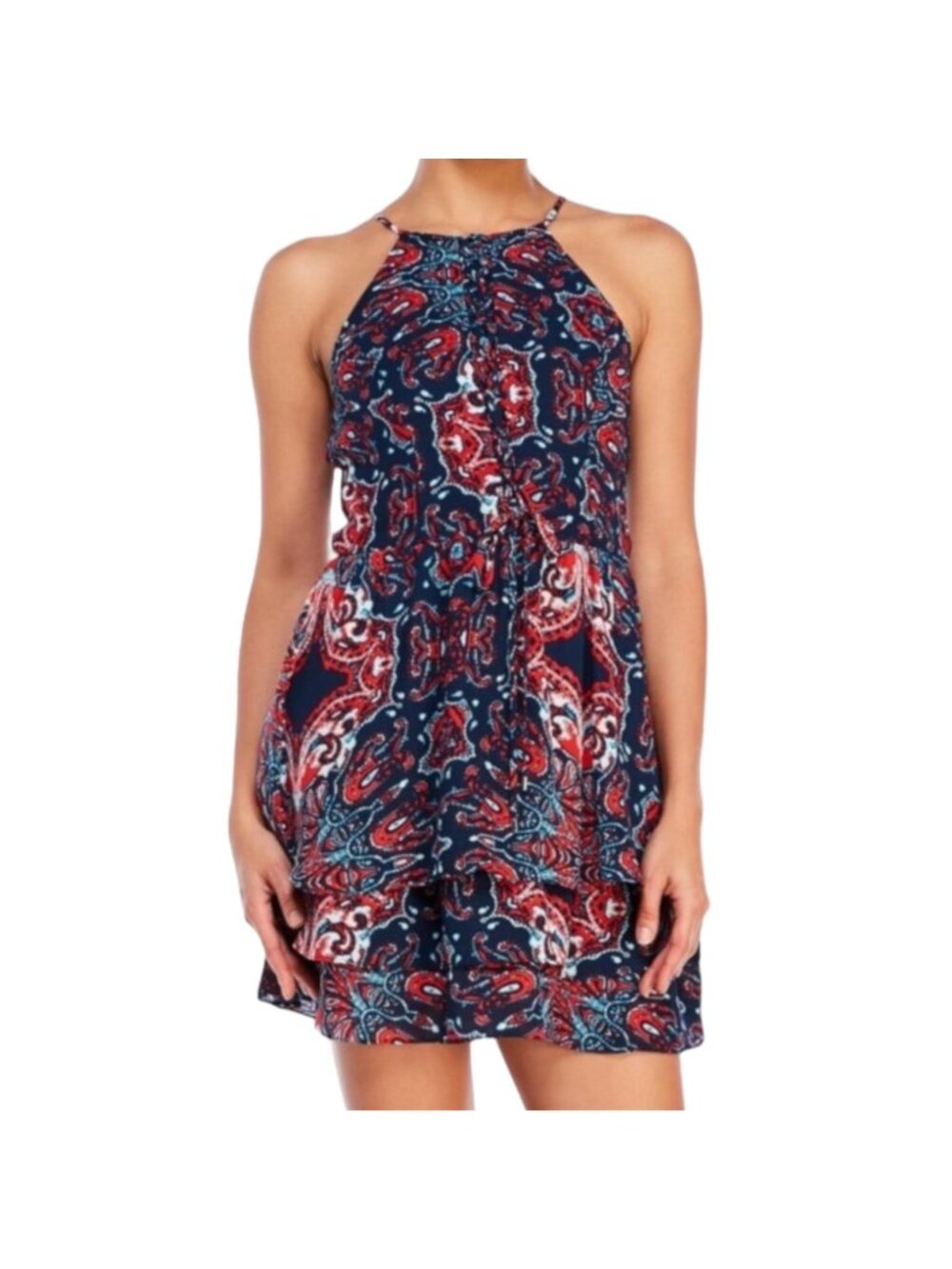 Parker Women's Navy Red Bandana Print Laceup Halter Mini Dress Ruffle Hem Size S